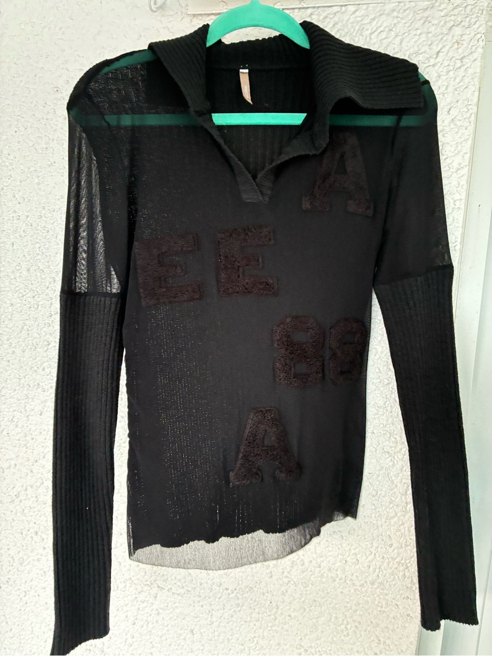 Made in Italy Black Sheer Knit Sweater with Ribbed Collar and Sleeve Accents
